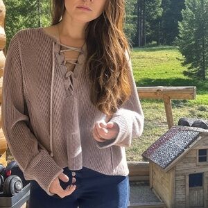 Free people Yellowstone lace up sweater oversize intarsia chunky thick cardigan